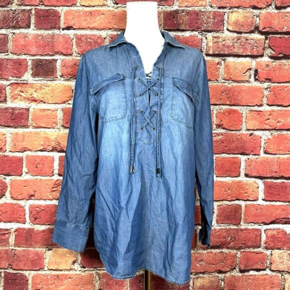 Chico's Chambray Denim Lace-Up Long Sleeve Popover Blouse‎ Size 1 (US 8)